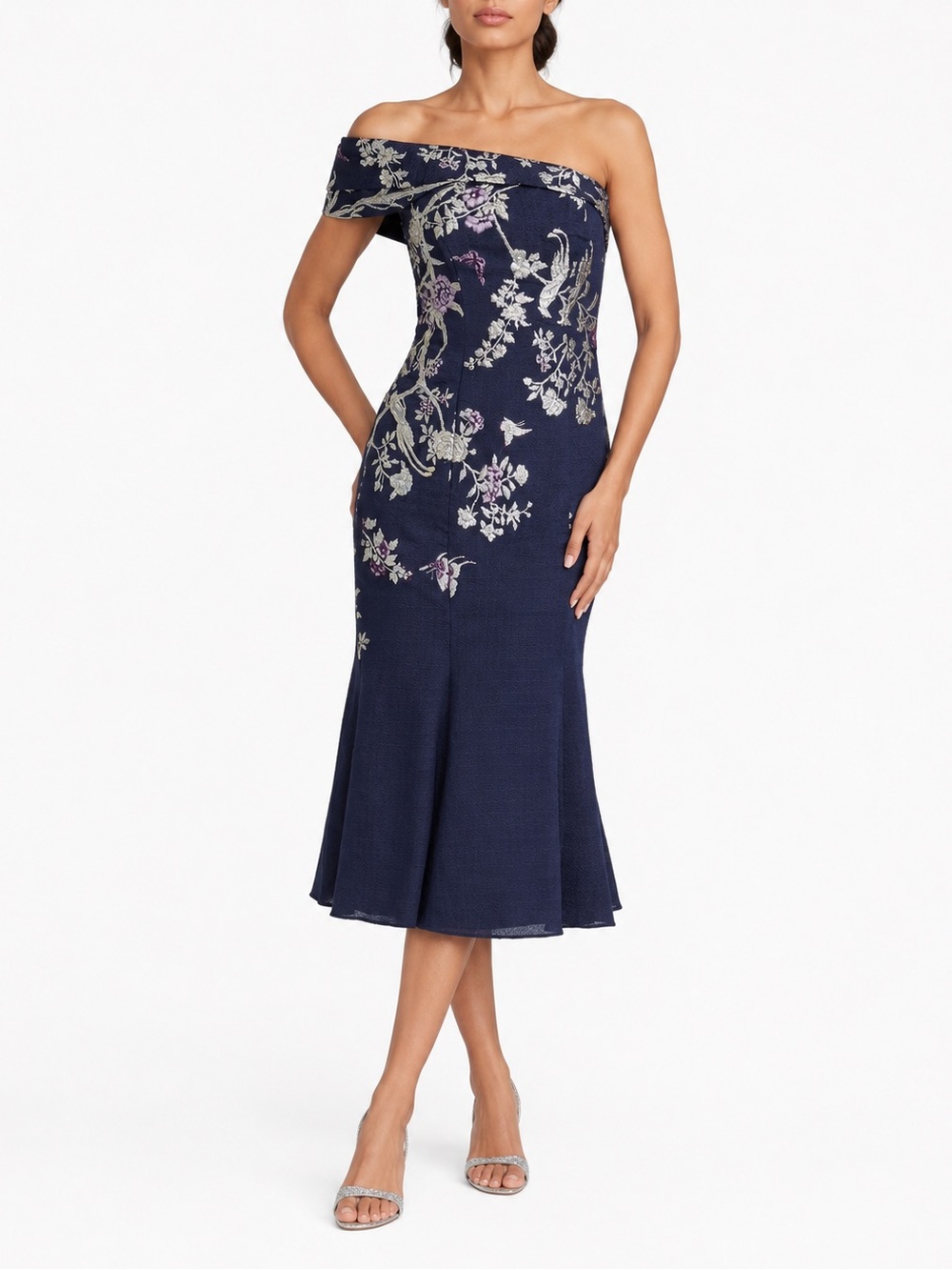 Marchesa Notte One Shoulder Metallic Gilded Jacquard Floral Dress Size 6 Blue